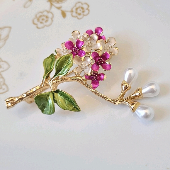 14k Gold Plum Blossoms Spring Branch Pearl Brooch Pin NWT - Picture 4 of 7